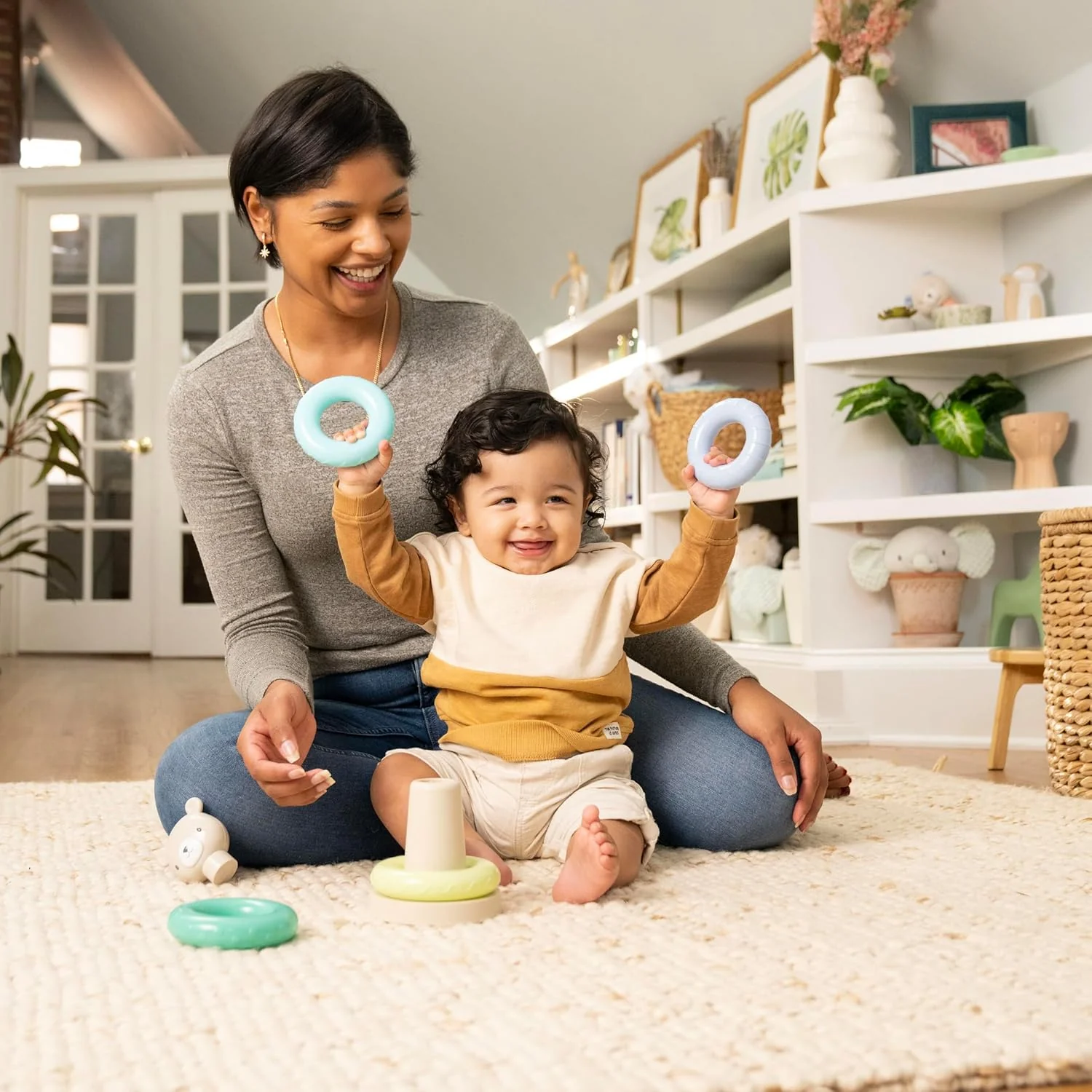 Cutie Stacks, 4 BPA-Free Rings, Faux Wood Stand, Bear Topper, Unisex, for Ages 6 Months and Up - Nate