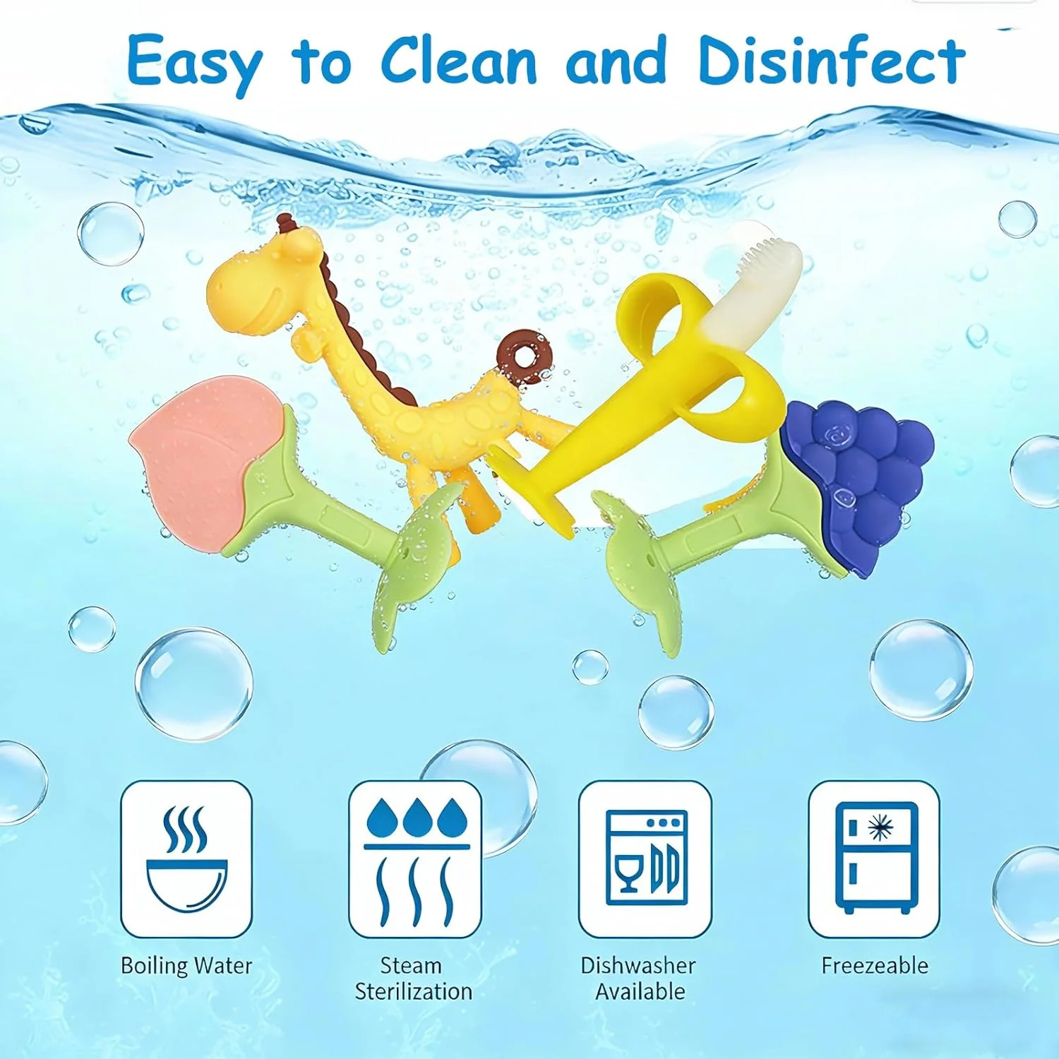 Baby Teething Toys 3-6 Months, Silicone Baby Teether Freezer BPA Free, Babies Teething Relief Sore Gums, Banana Toothbrush, Fruit Shape Giraffe Newborn Teether Gift for Infant Boy and Girl