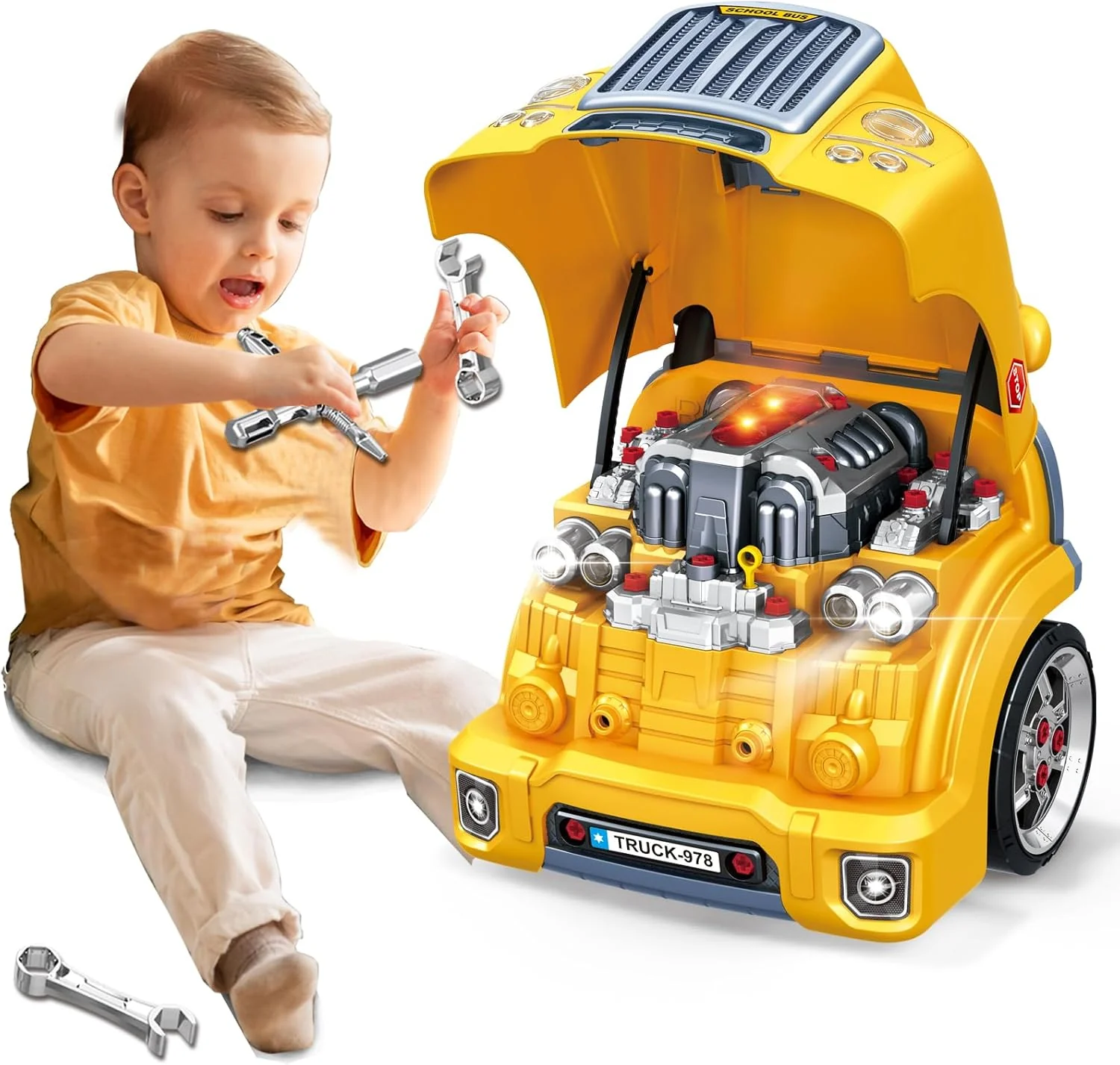 Large Truck Engine Toy for Kids 3-5, Take Apart Motor Vehicle Pretend Play Car with Light and Sound, Kids Mechanic Workshop Set, Toy Engine Building Kit for Toddlers.