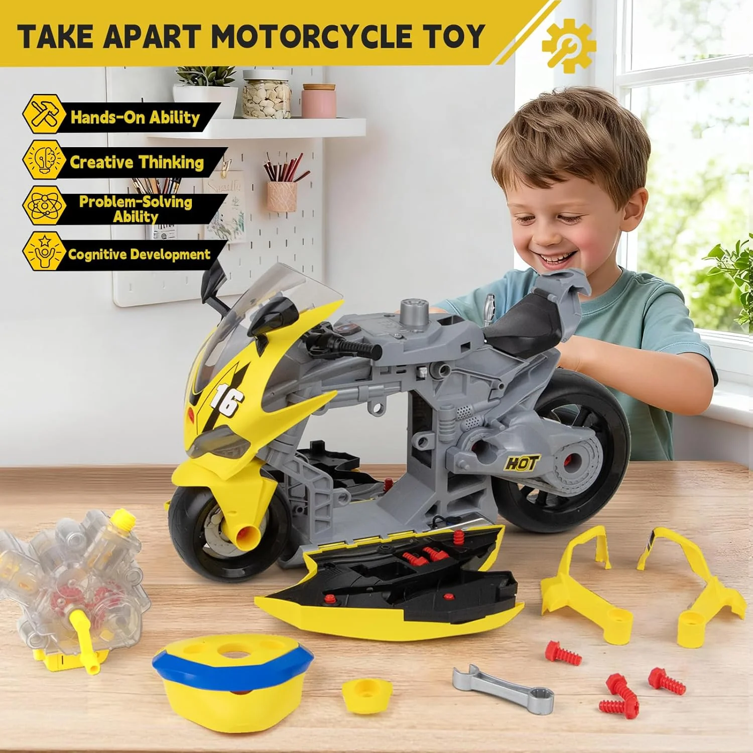 Take Apart Motorcycle Toys Kids Mechanic Repair Set for Toddlers 3-5, Interactive Toy Engine Building Kit with Sounds, Lights & Spray, STEM Educational Gift Toys for 3 4 5 6 7 Year Old Boys Girls