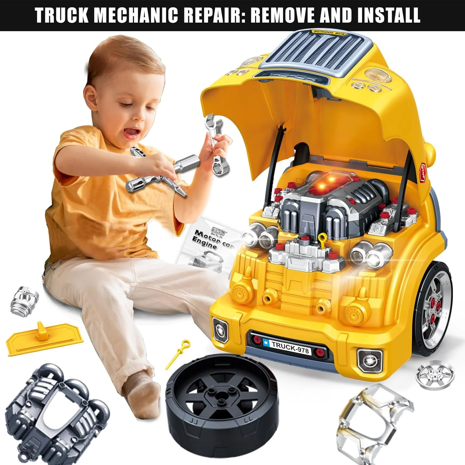 Large Truck Engine Toy for Kids 3-5, Take Apart Motor Vehicle Pretend Play Car with Light and Sound, Kids Mechanic Workshop Set, Toy Engine Building Kit for Toddlers.